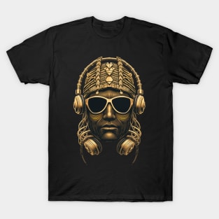 Vector Drawing - Golden Portrait of a Hip-Hop Artist in Headphones and Sunglasses. T-Shirt